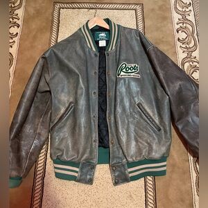 Roots Classic Green and Brown Leather Varsity Jacket